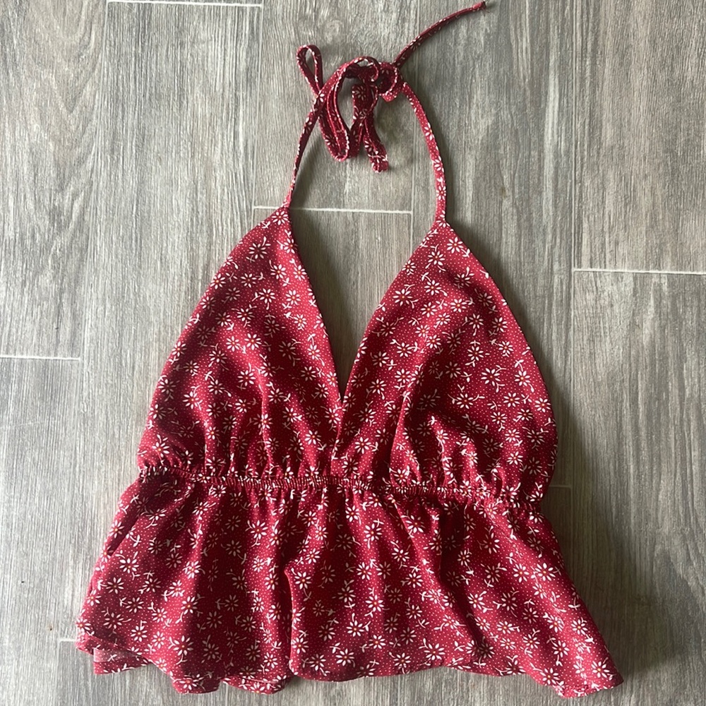 SHEIN- red floral halter tank top with open back. Size S
